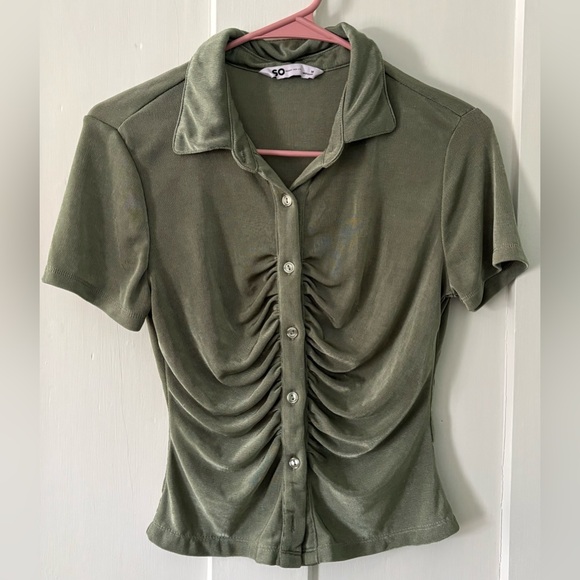SO Tops - Junior Girls Olive Button-Down Ruched Top size M